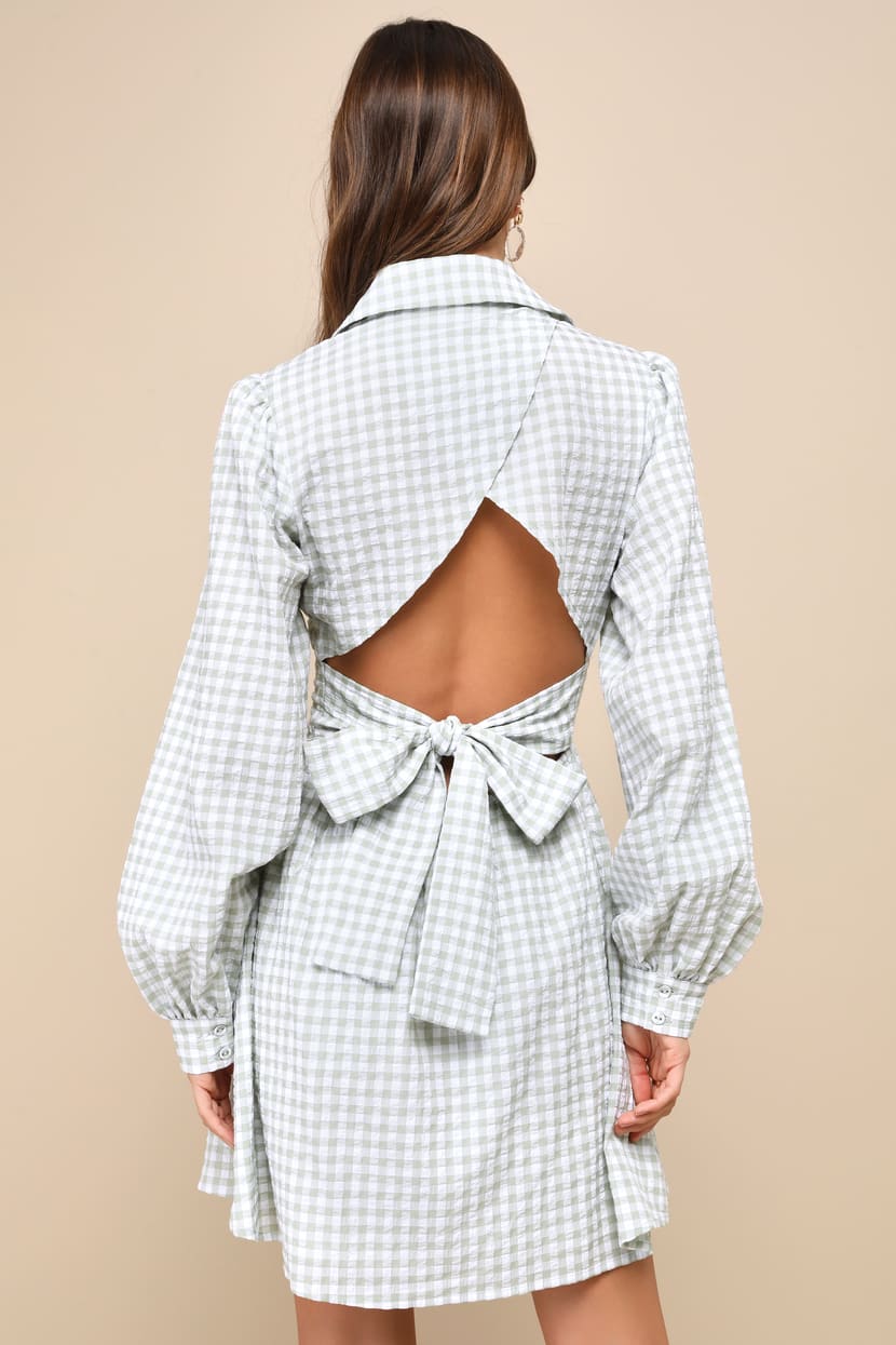 gingham backless dress Gingham Puff Sleeve Open Back Mini Dress – Emes Shop