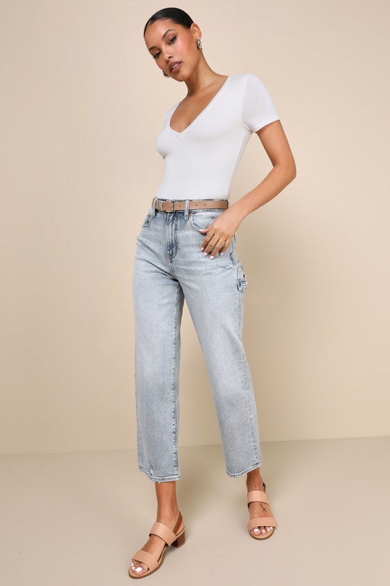 Shop Daze Denim Sundaze Light Wash High Rise Cropped Utility Jeans In Blue