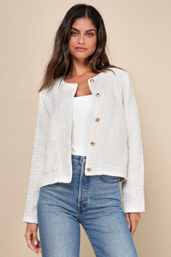 Shop Lulus Posh Pursuits Ivory Tweed Collarless Jacket