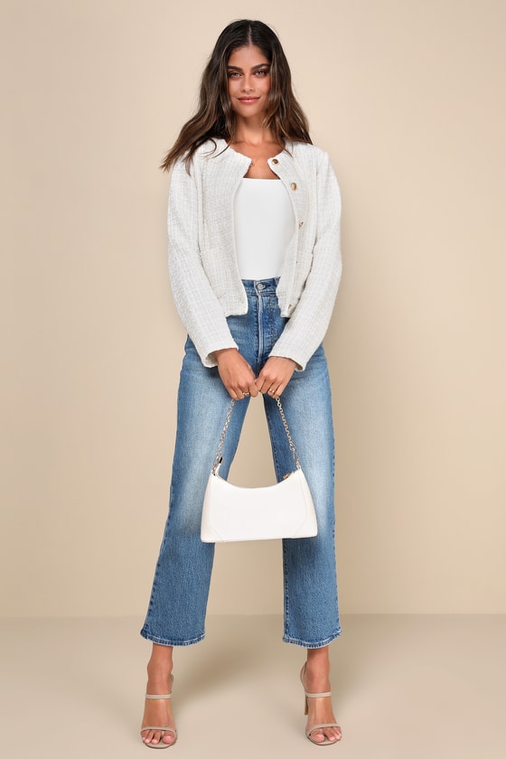 Posh Pursuits Ivory Tweed Collarless Jacket 4