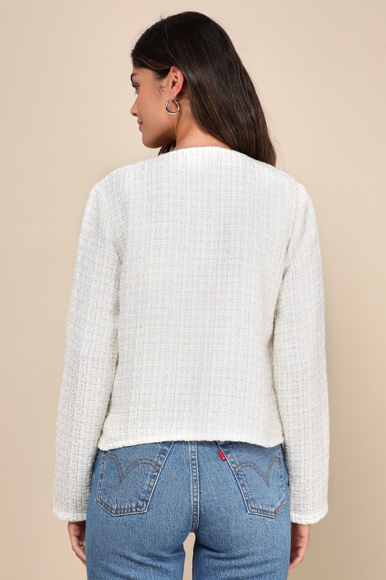 Lulus Posh Pursuits Ivory Tweed Collarless Jacket In Ivory