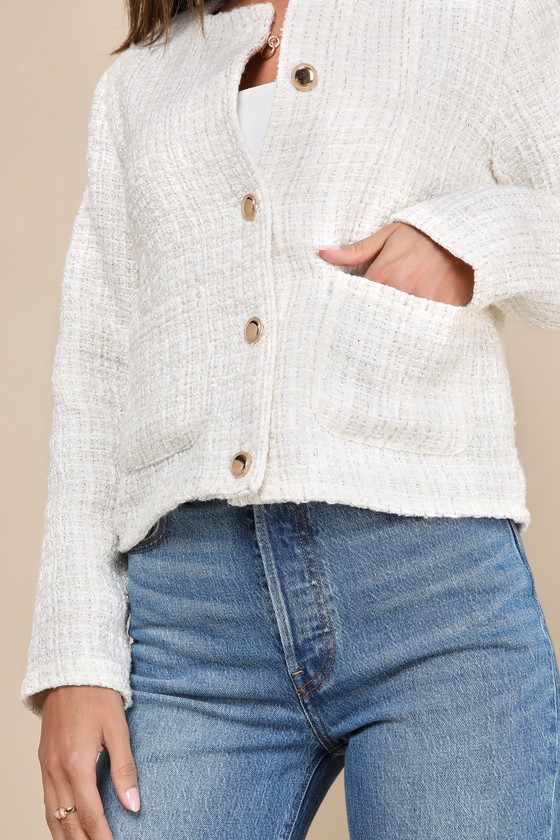 Lulus Posh Pursuits Ivory Tweed Collarless Jacket In Ivory