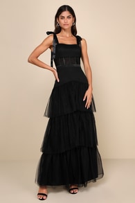 Enticing Mystique Black Tulle Tie-Strap Tiered Maxi Dress 1