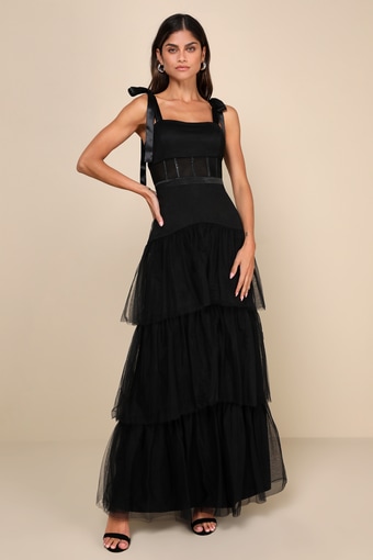 Enticing Mystique Black Tulle Tie-Strap Tiered Maxi Dress 1