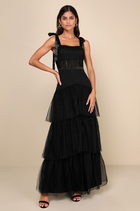 Enticing Mystique Black Tulle Tie-Strap Tiered Maxi Dress 1