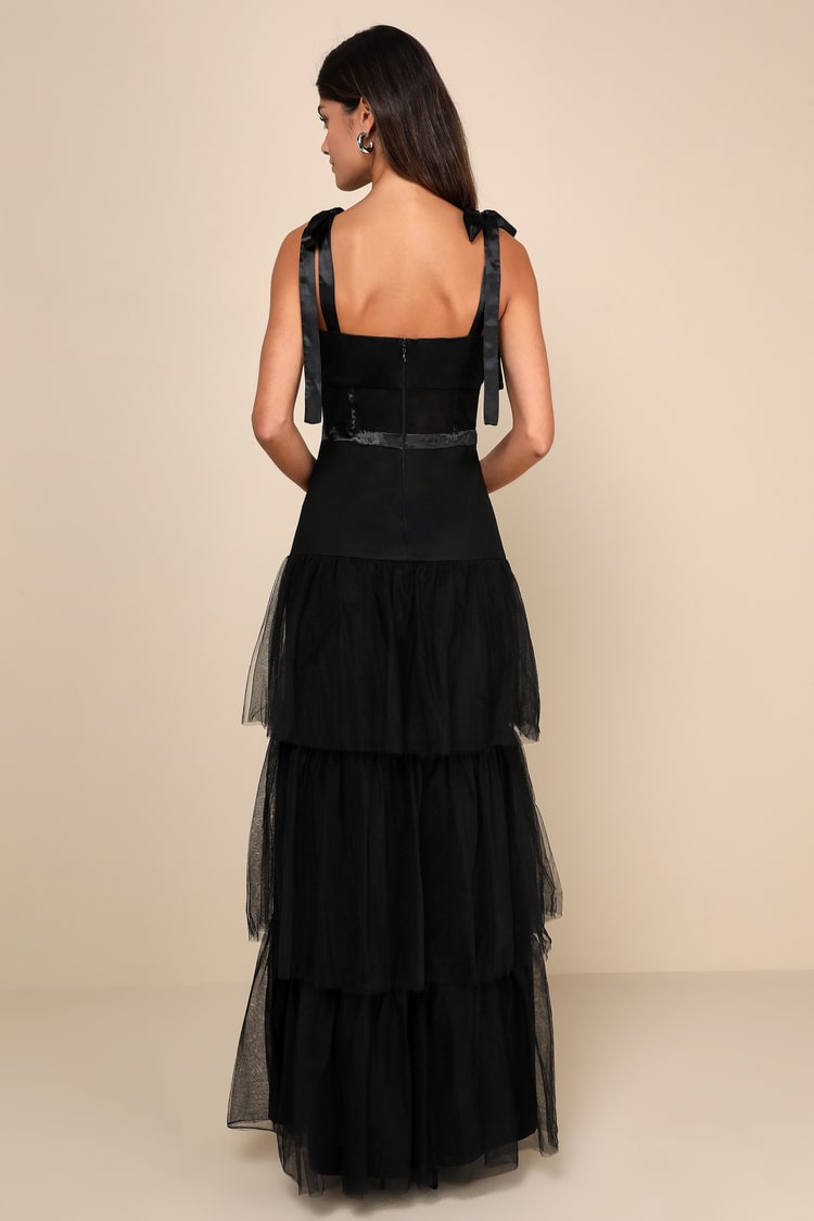 Enticing Mystique Black Tulle Tie-Strap Tiered Maxi Dress
