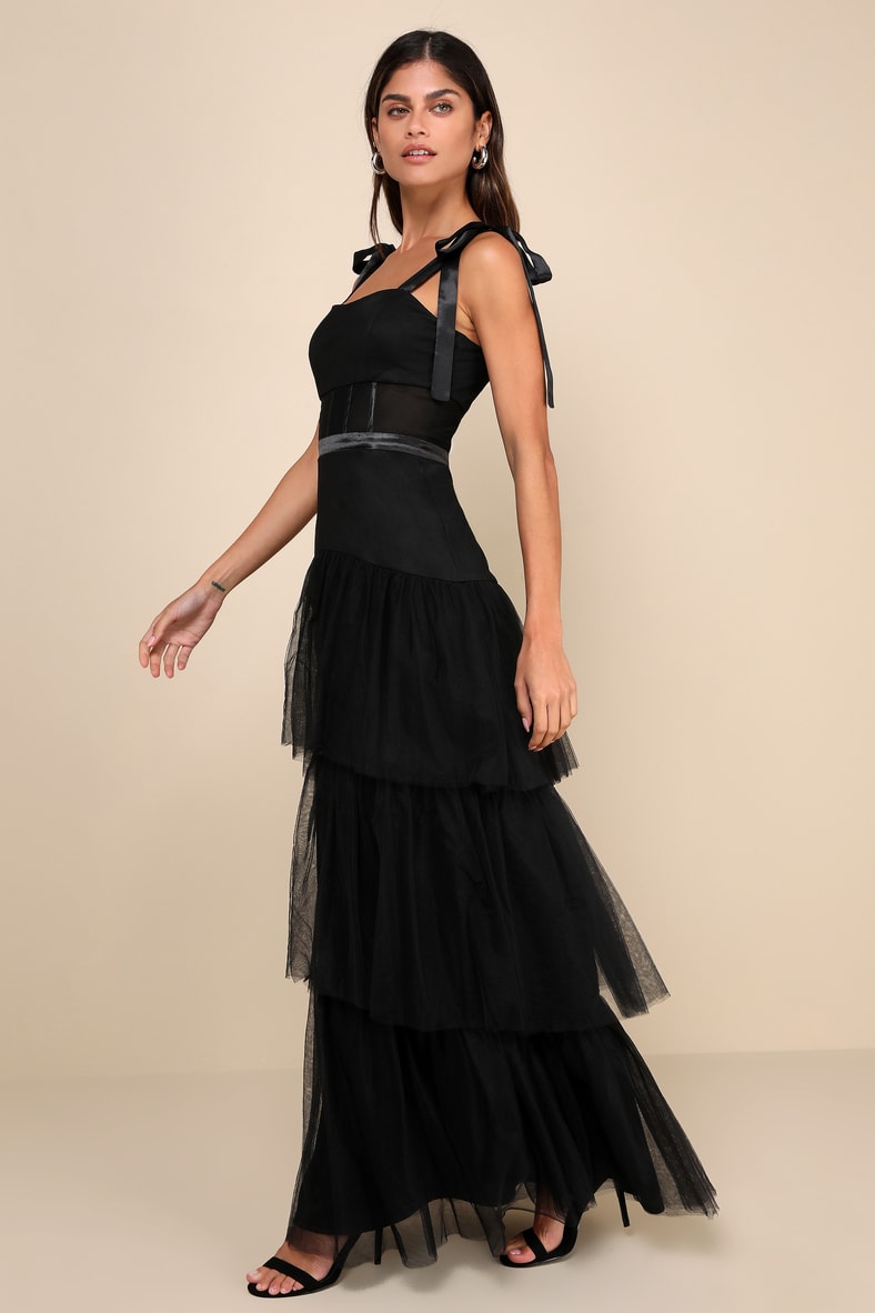 Enticing Mystique Black Tulle Tie-Strap Tiered Maxi Dress