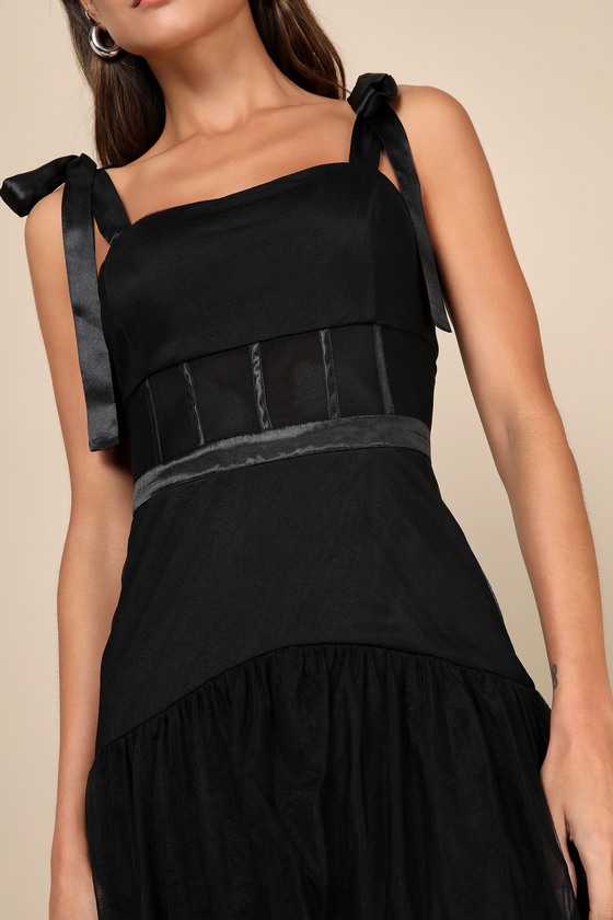 Lulus Enticing Mystique Black Tulle Tie-strap Tiered Maxi Dress In Black