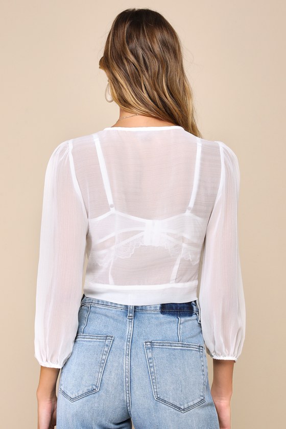 In the Breeze White Sheer Long Sleeve Tie-Front Top 9
