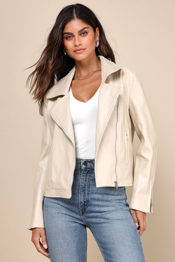 Shop Lulus Posh Edge Light Beige Vegan Leather Collared Moto Jacket