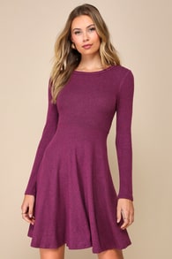 Fit and Fair Mauve Purple Ribbed Knit Long Sleeve Skater Dress