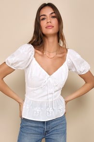 Meadow Moment White Floral Embroidered Puff Sleeve Top