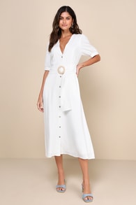 Blissful Simplicity White Puff Sleeve Midi Dress With Pockets