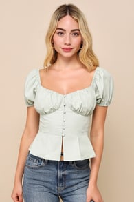 Admirable Poise Sage Green Button-Up Puff Sleeve Peplum Top