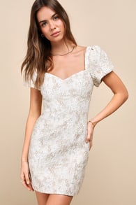Sweetest Essence Cream Floral Jacquard Puff Sleeve Mini Dress 2