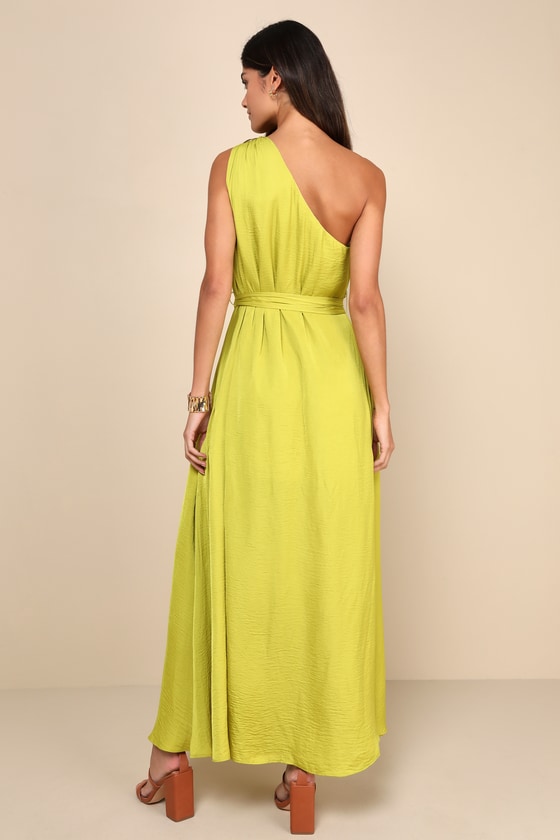 Lulus Goddess Aura Chartreuse Satin One-shoulder Maxi Dress In Green