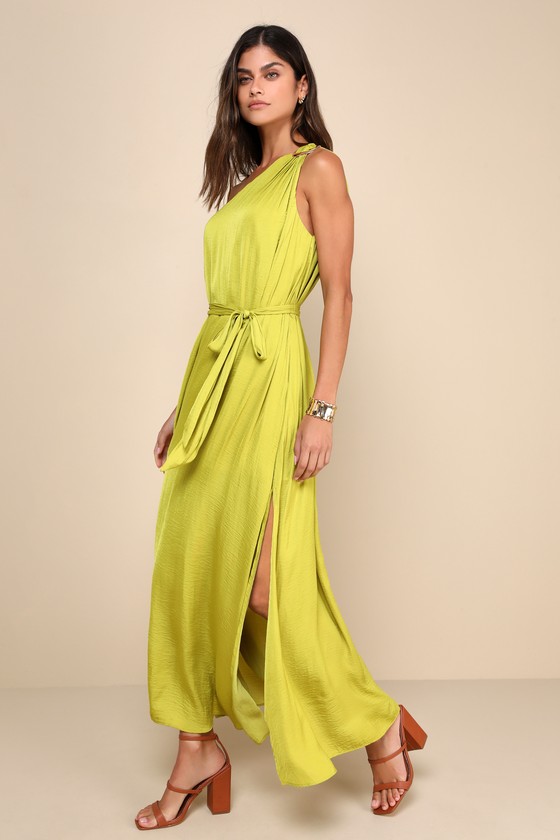 Lulus Goddess Aura Chartreuse Satin One-shoulder Maxi Dress In Green