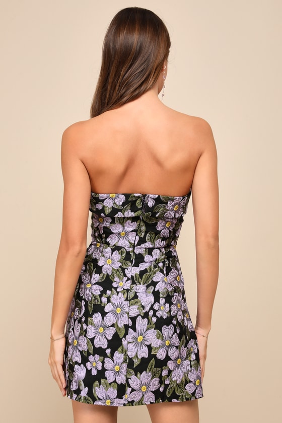 Lulus Darling Sensation Black Floral Jacquard Strapless Mini Dress In Black