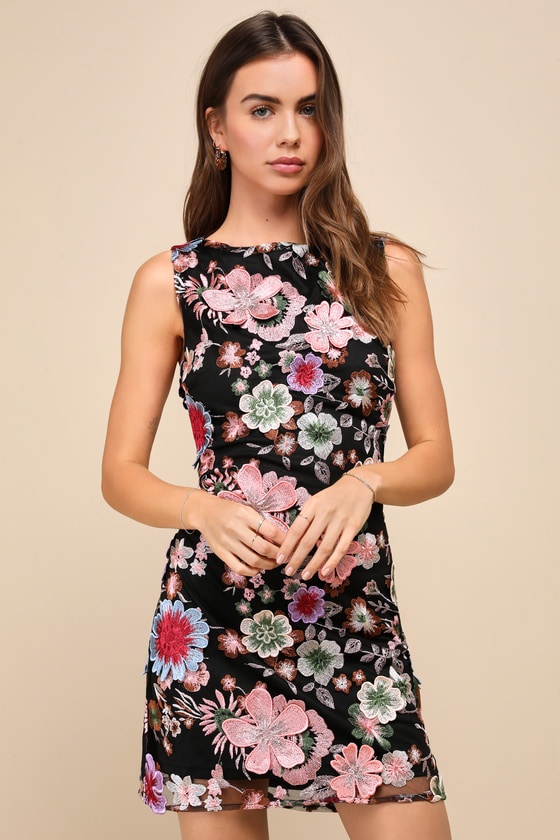 Black 3D Floral Dress - Floral Embroidered Dress - Mini Dress - Lulus