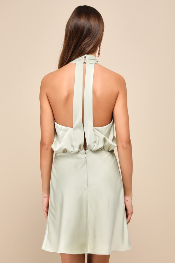 Lulus Sleek Essence Sage Green Satin Halter Sleeveless Mini Dress In Sage Green