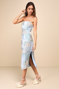 Upgraded Event Blue Floral Jacquard Strapless Bustier Midi Dress 2