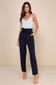 Busy Babe Navy Blue Paperbag Waist Straight Leg Pants