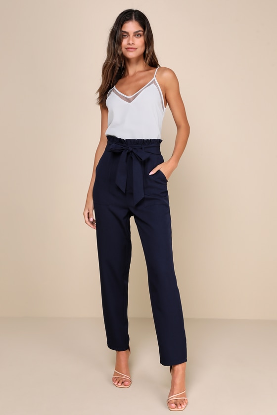 Busy Babe Navy Blue Paperbag Waist Straight Leg Pants 1