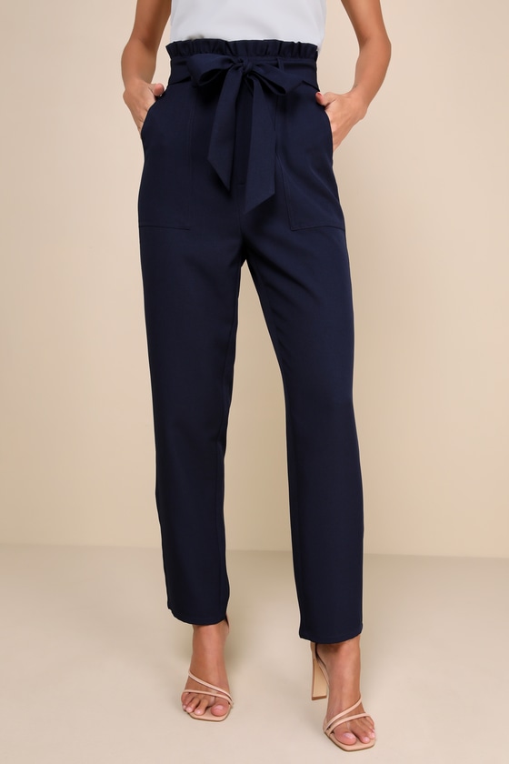 Busy Babe Navy Blue Paperbag Waist Straight Leg Pants 2
