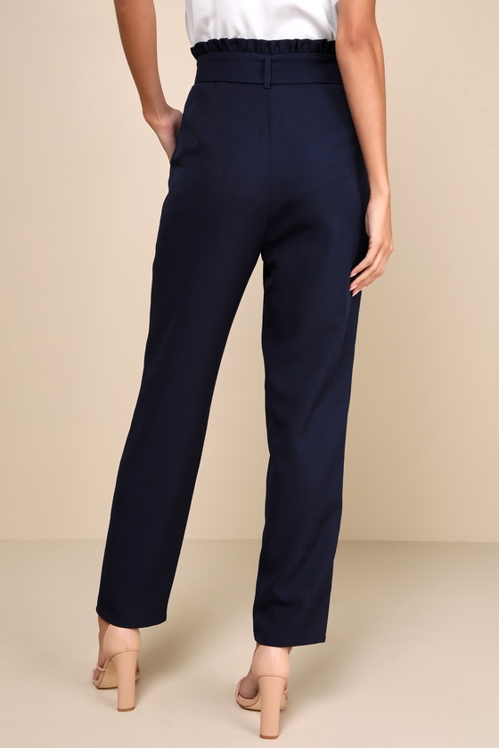 Shop Lulus Busy Babe Navy Blue Paperbag Waist Straight Leg Pants