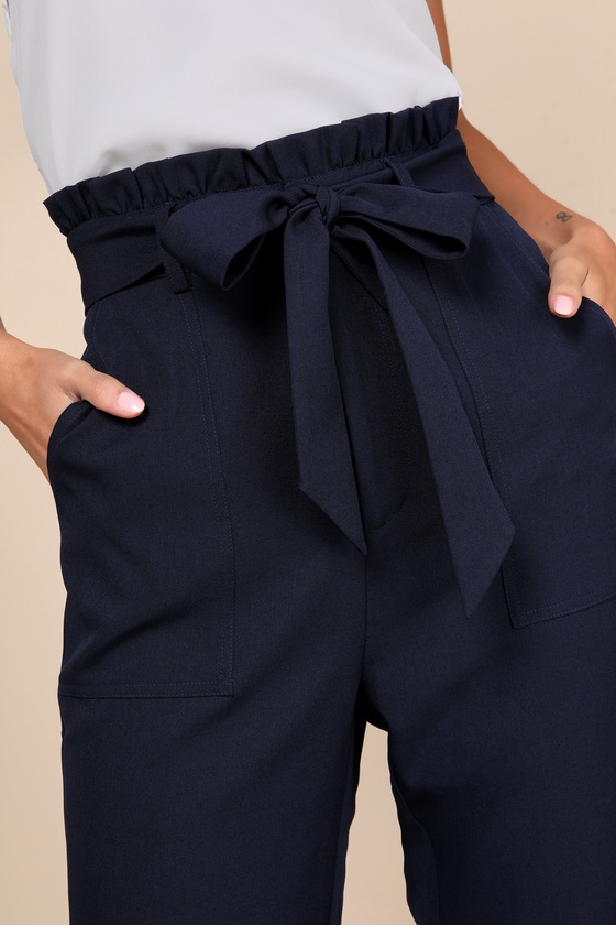Shop Lulus Busy Babe Navy Blue Paperbag Waist Straight Leg Pants