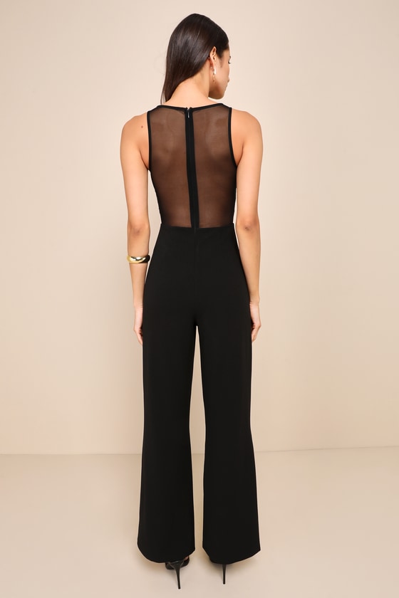 Shop Lulus Sultry Charisma Black Mesh Ruched Sleeveless Wide Leg Jumpsuit