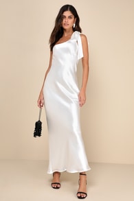 Lavish Looks Ivory Satin One-Shoulder Tie-Strap Maxi Dress