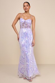Perfection Seeker Lavender Iridescent Sequin Bustier Maxi Dress