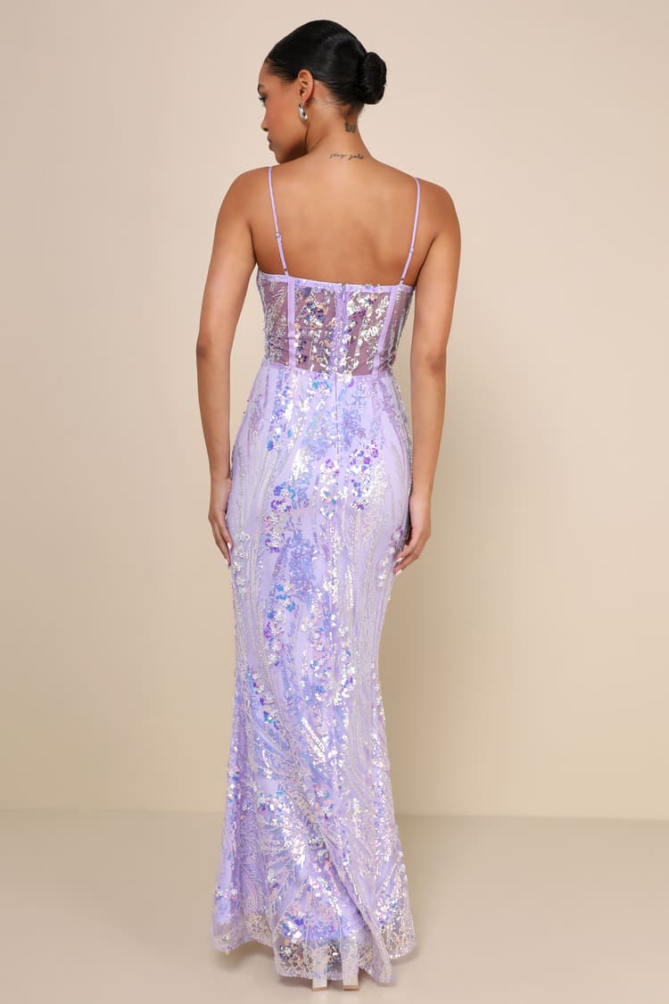 fitted lace wedding dress Zapaka Women Sparkly Light Purple Corset Prom Dress with Slit Mermaid Spaghetti Straps Beaded Party Dress, Lilac / US2