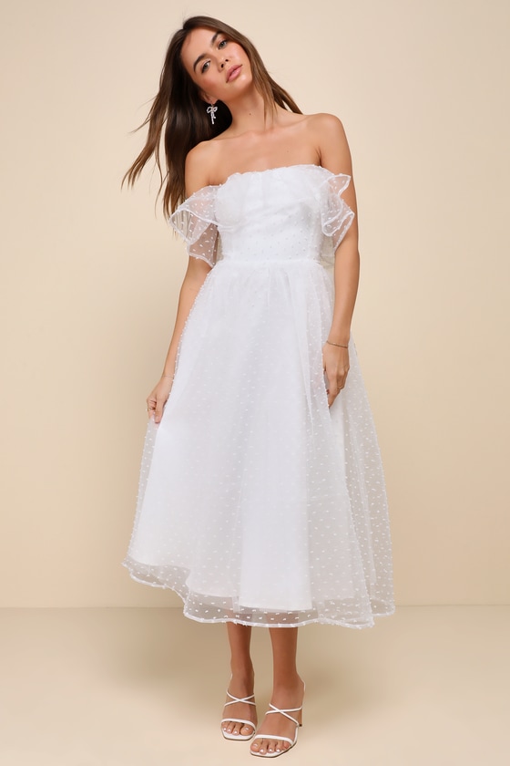 Shop Lulus Blissful Ideal White Strapless Ruffled Swiss Dot Midi Dress