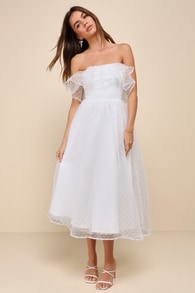 Blissful Ideal White Strapless Ruffled Swiss Dot Midi Dress