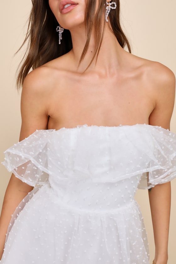 Shop Lulus Blissful Ideal White Strapless Ruffled Swiss Dot Midi Dress