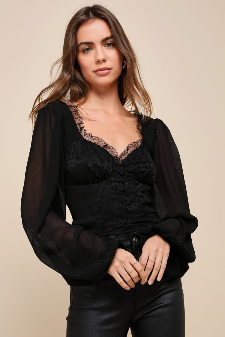 Black Lace Top - Balloon Sleeve Cropped Top - Button-Front Top - Lulus