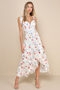 So Elevated Ivory Floral Jacquard Tie-Strap High-Low Midi Dress