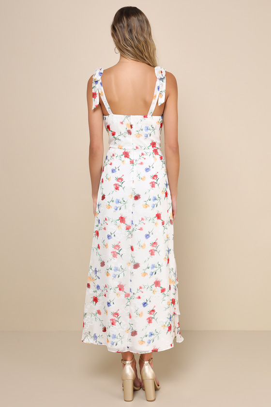 Lulus So Elevated Ivory Floral Jacquard Tie-strap High-low Midi Dress In Ivory