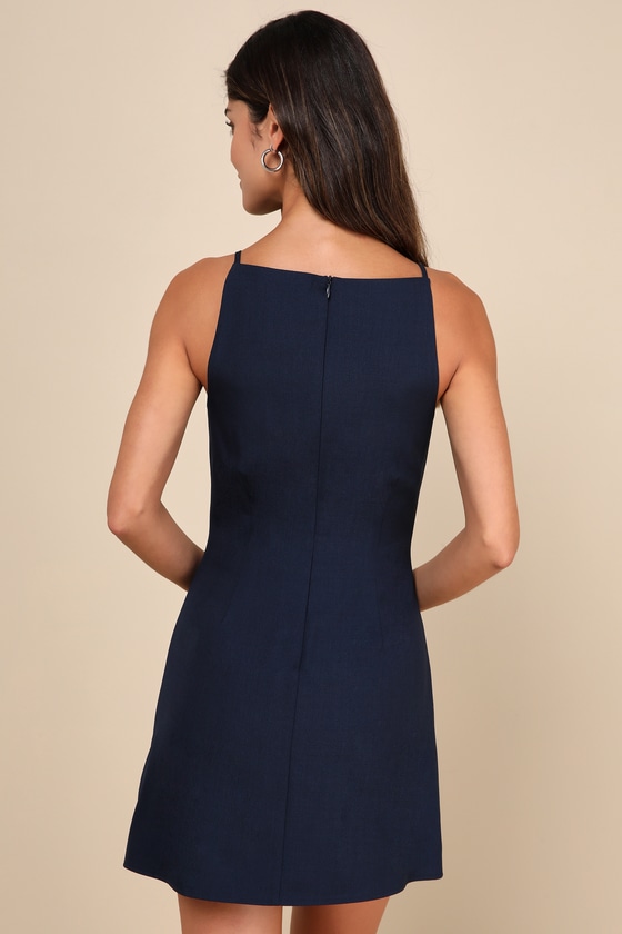 Navy Blue Mini Dress - Apron Neck Mini Dress - A-Line Mini Dress - Lulus