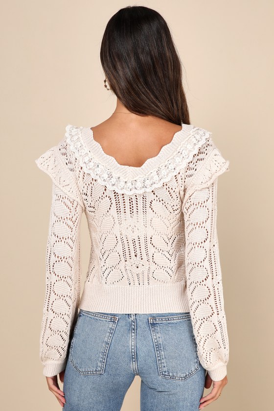 Shop Lulus Wonderful Perfection Beige Pointelle Ruffled Lace Sweater
