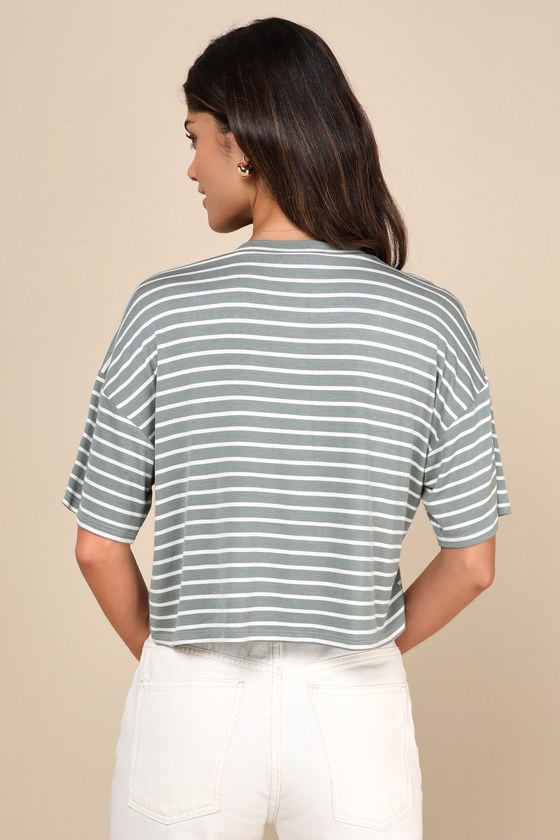 Natural Cutie Sage Green Striped Crew Neck Short Sleeve Top 3