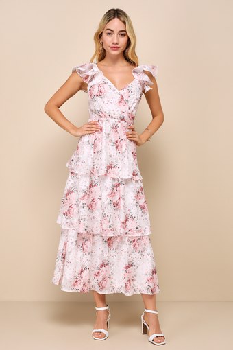 Adorable Direction Ivory Floral Burnout Tiered Midi Dress