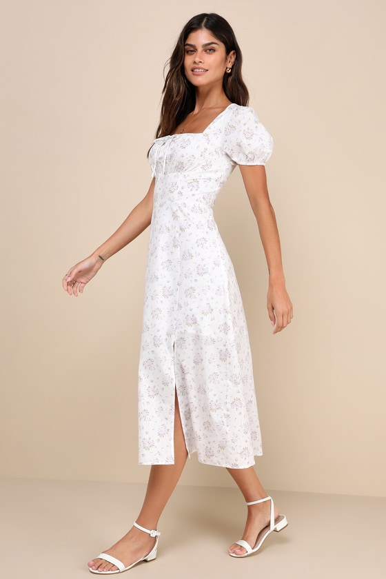 Darling Appeal White Floral Puff Sleeve Empire Waist Midi Dress 3
