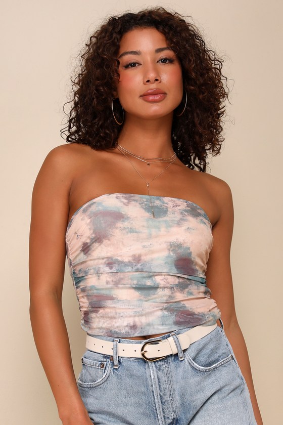 LULUS FLIRTY FOCUS BEIGE ABSTRACT PRINT MESH STRAPLESS CROP TOP 