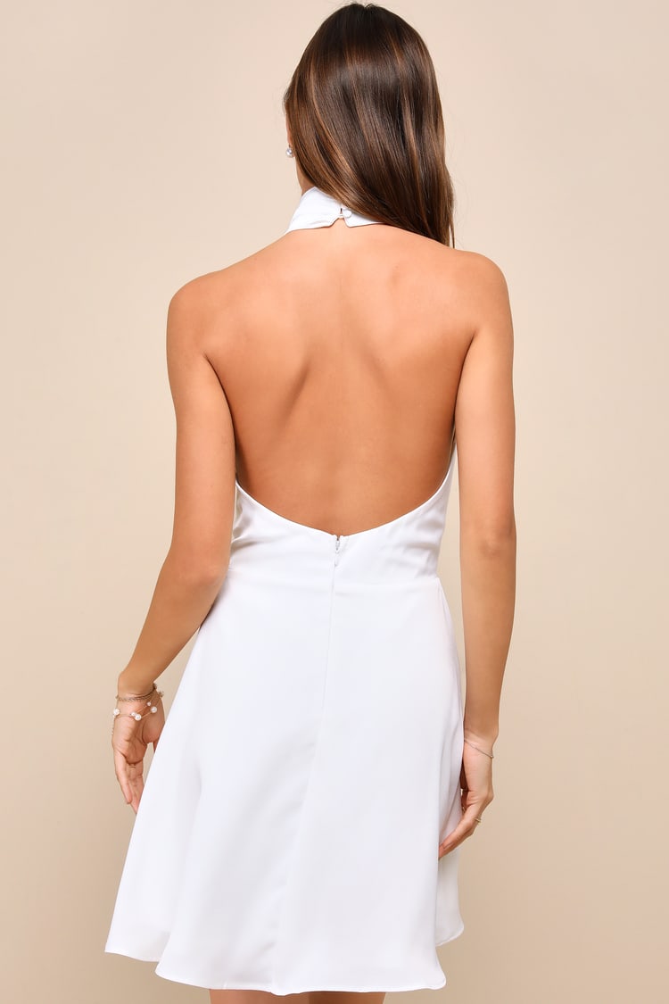 Give 'Em Glam White Satin Sleeveless Halter Mini Dress