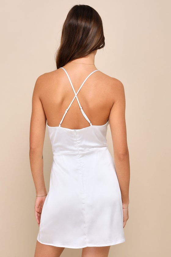 Luxe Reputation White Satin Sleeveless Cowl Neck Mini Dress