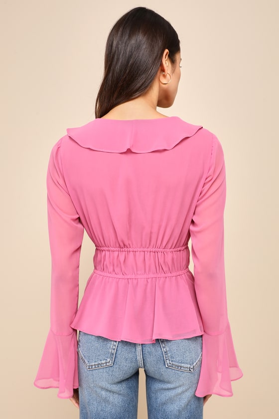 Pink Chiffon Top - Ruffled Blouse - Flared Long Sleeve Top - Lulus