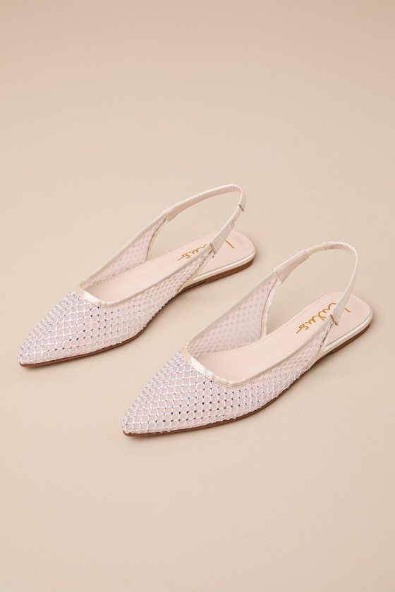 Glam White Flats - Mesh Rhinestone Flats - Chic Slingback